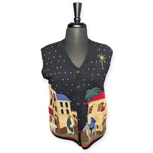 Vintage Sharon Young Christmas Nativity Bethlehem Scene Vest Size Medium